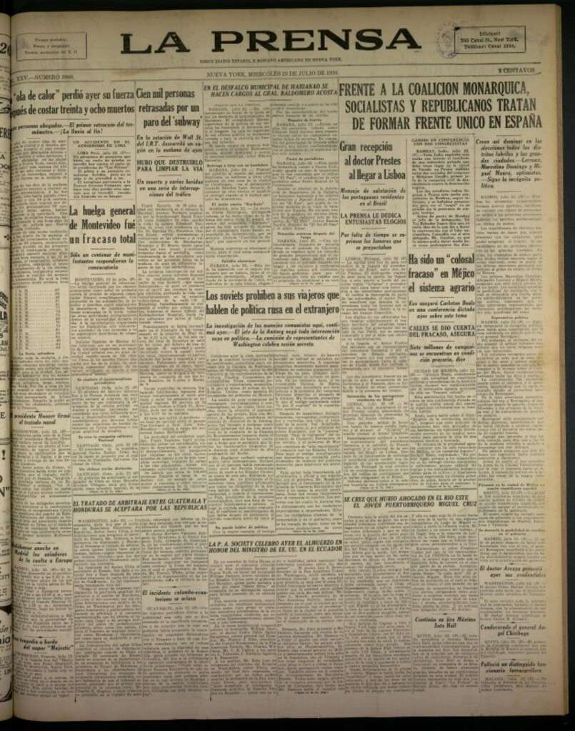 Miniatura de La Prensa: único diario español e hispano americano en Nueva York del 23 de julio de 1930, nº 3908