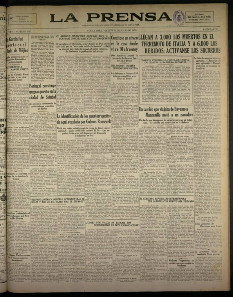 Miniatura de La Prensa: único diario español e hispano americano en Nueva York del 25 de julio de 1930, nº 3910