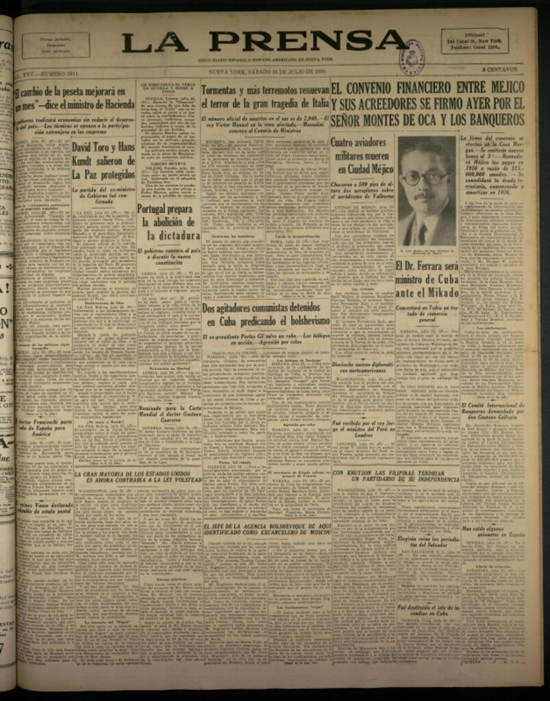 Miniatura de La Prensa: único diario español e hispano americano en Nueva York del 26 de julio de 1930, nº 3911