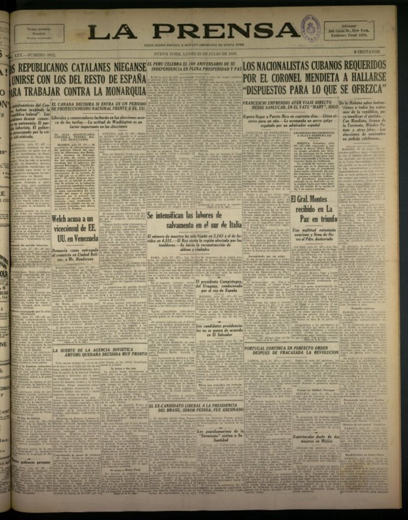 Miniatura de La Prensa: único diario español e hispano americano en Nueva York del 28 de julio de 1930, nº 3912