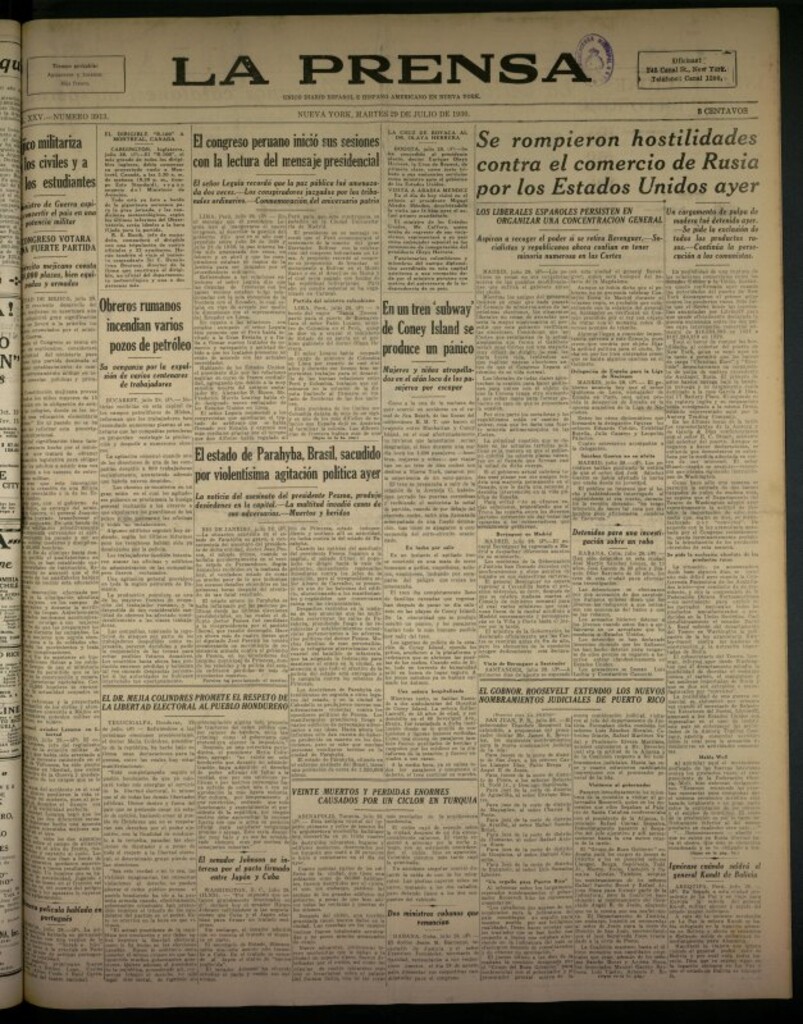 Miniatura de La Prensa: único diario español e hispano americano en Nueva York del 29 de julio de 1930, nº 3913