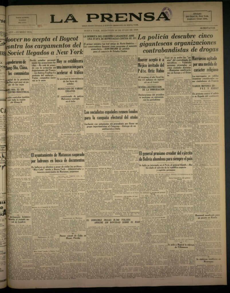 Miniatura de La Prensa: único diario español e hispano americano en Nueva York del 30 de julio de 1930, nº 3914