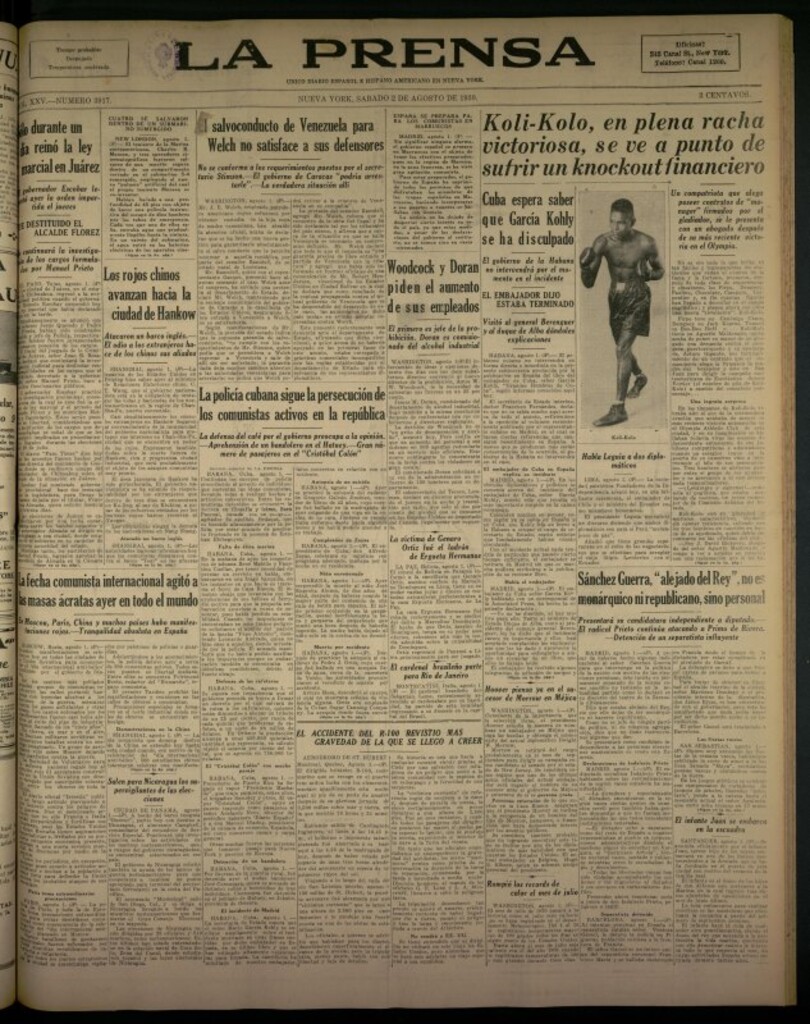 Miniatura de La Prensa: único diario español e hispano americano en Nueva York del 2 de agosto de 1930, nº 3917