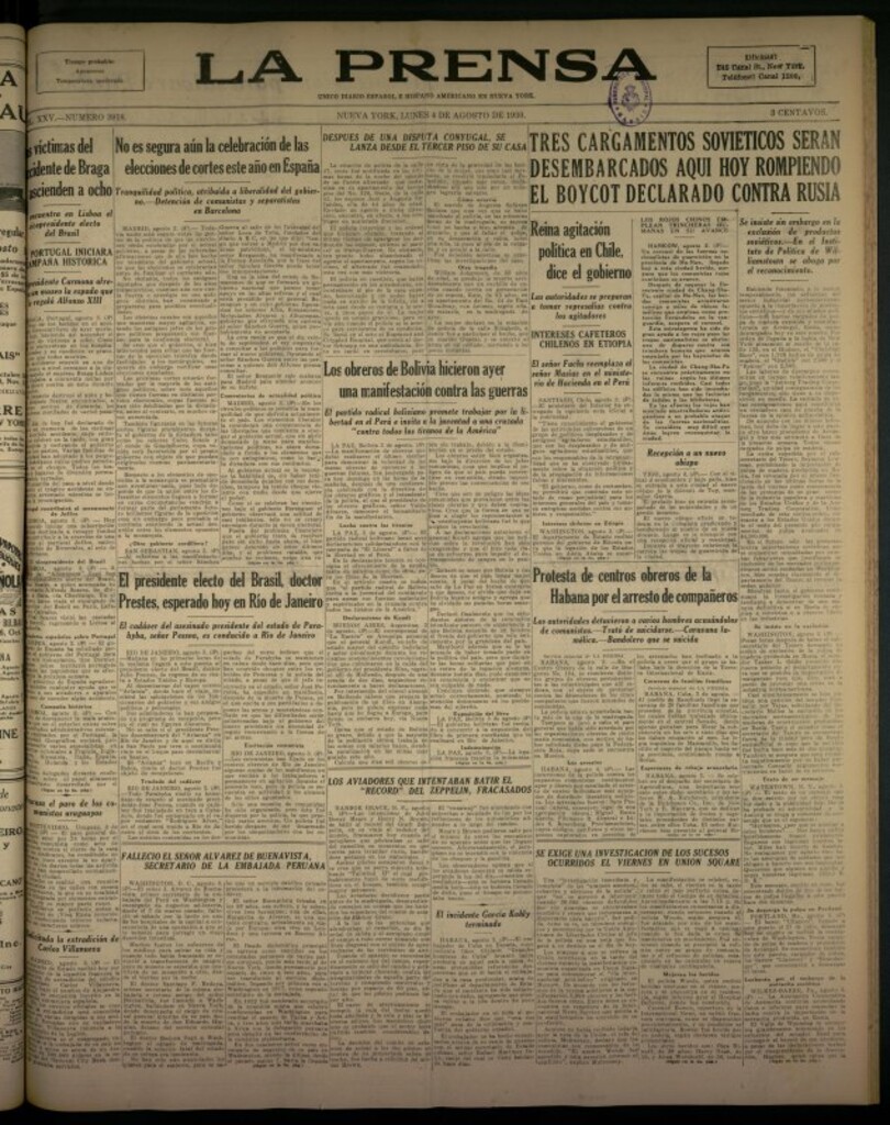 Miniatura de La Prensa: único diario español e hispano americano en Nueva York del 4 de agosto de 1930, nº 3918