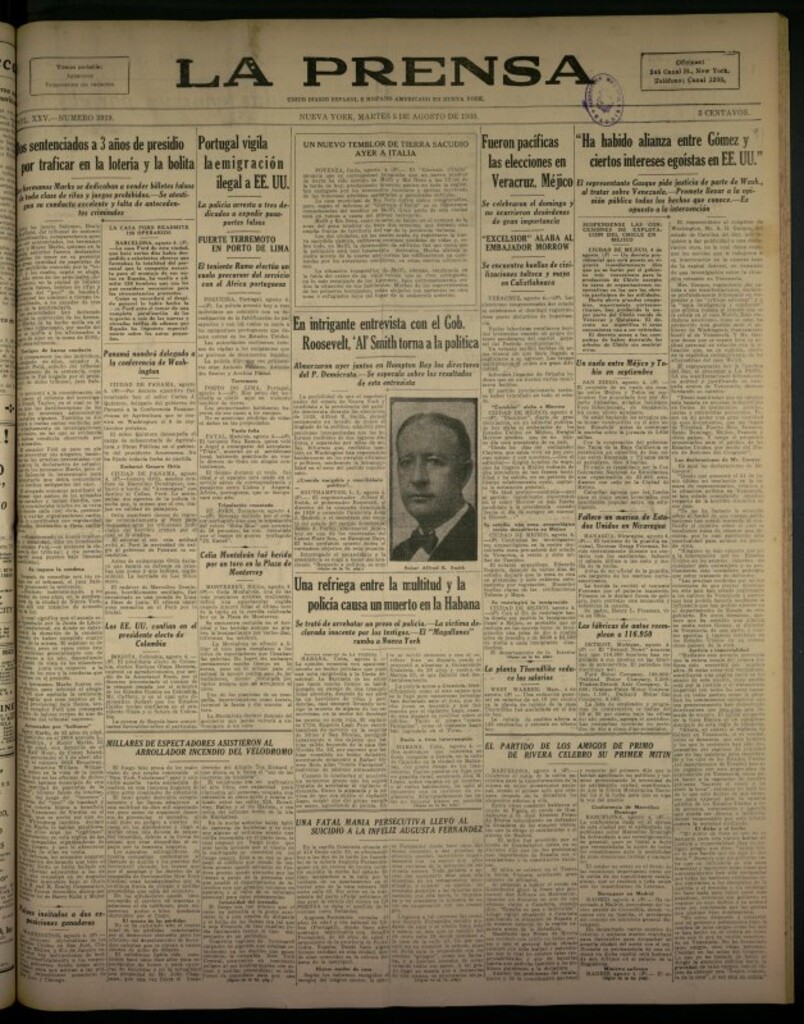 Miniatura de La Prensa: único diario español e hispano americano en Nueva York del 5 de agosto de 1930, nº 3919