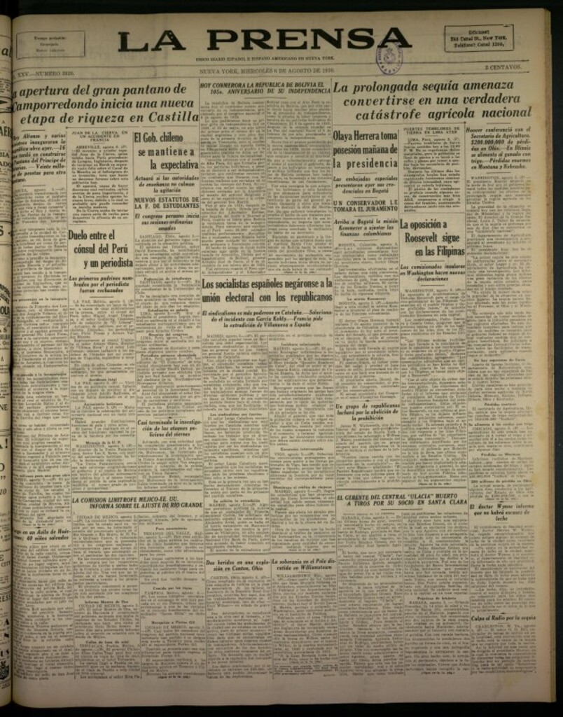 Miniatura de La Prensa: único diario español e hispano americano en Nueva York del 6 de agosto de 1930, nº 3920