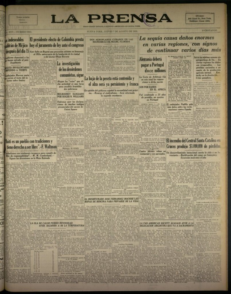 Miniatura de La Prensa: único diario español e hispano americano en Nueva York del 7 de agosto de 1930, nº 3921