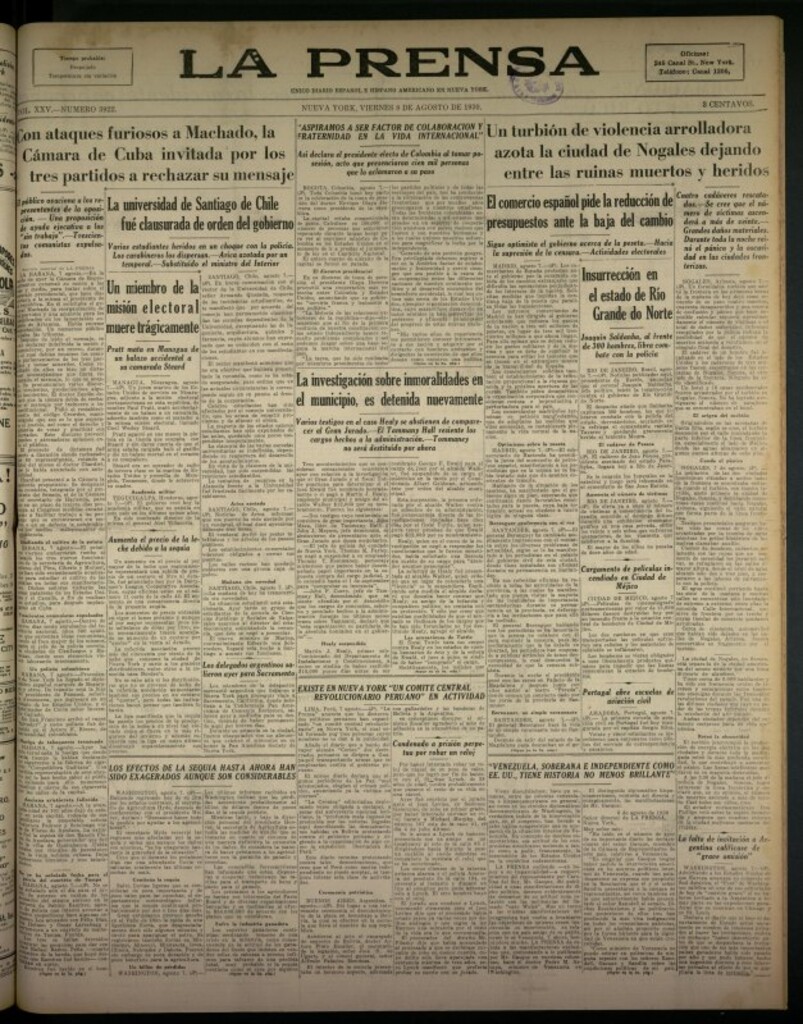 Miniatura de La Prensa: único diario español e hispano americano en Nueva York del 8 de agosto de 1930, nº 3922