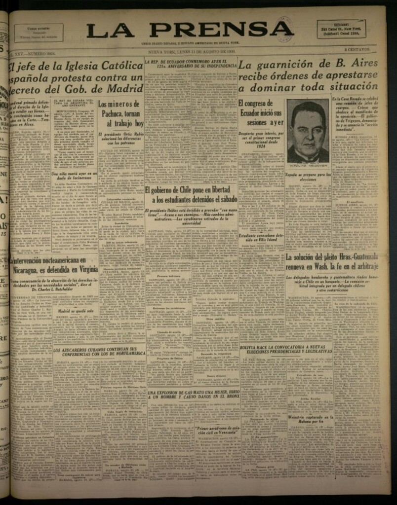 Miniatura de La Prensa: único diario español e hispano americano en Nueva York del 11 de agosto de 1930, nº 3924