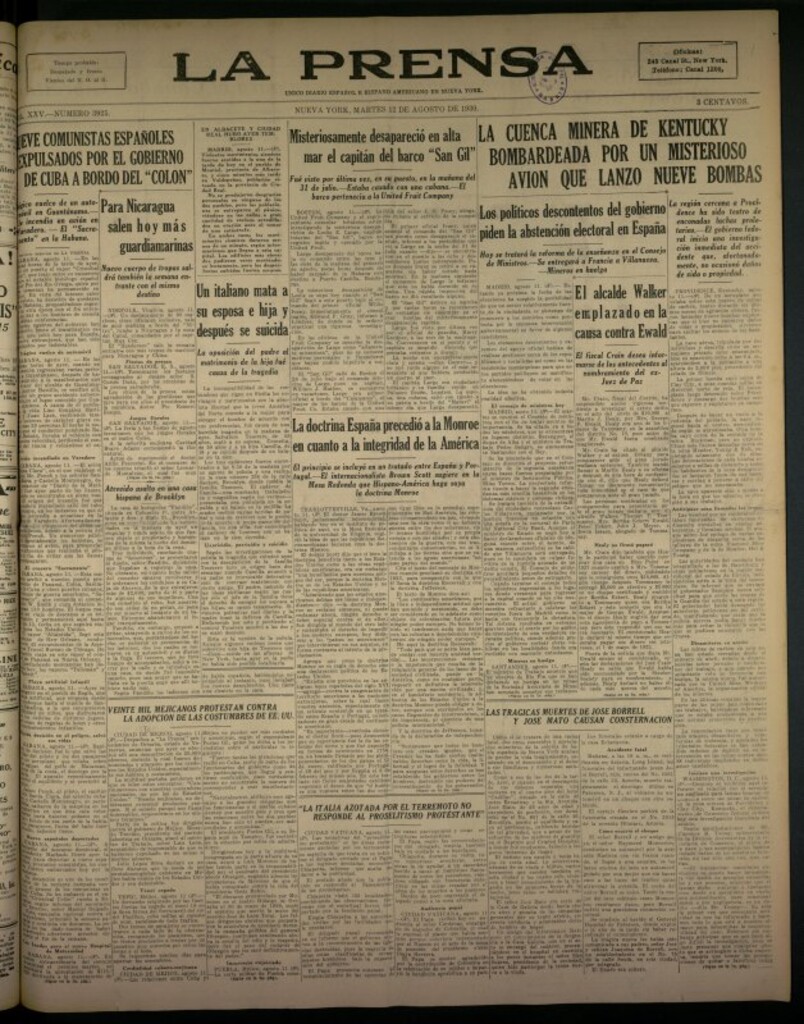 Miniatura de La Prensa: único diario español e hispano americano en Nueva York del 12 de agosto de 1930, nº 3925