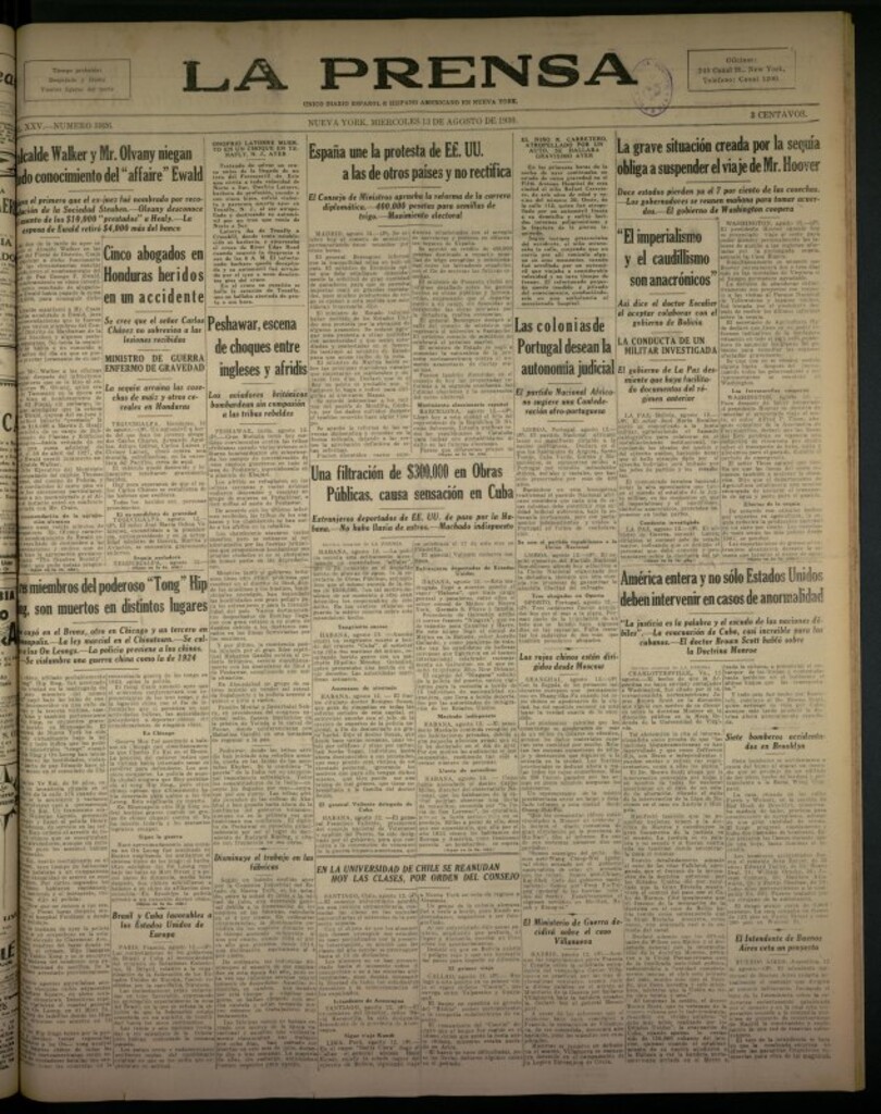 Miniatura de La Prensa: único diario español e hispano americano en Nueva York del 13 de agosto de 1930, nº 3926