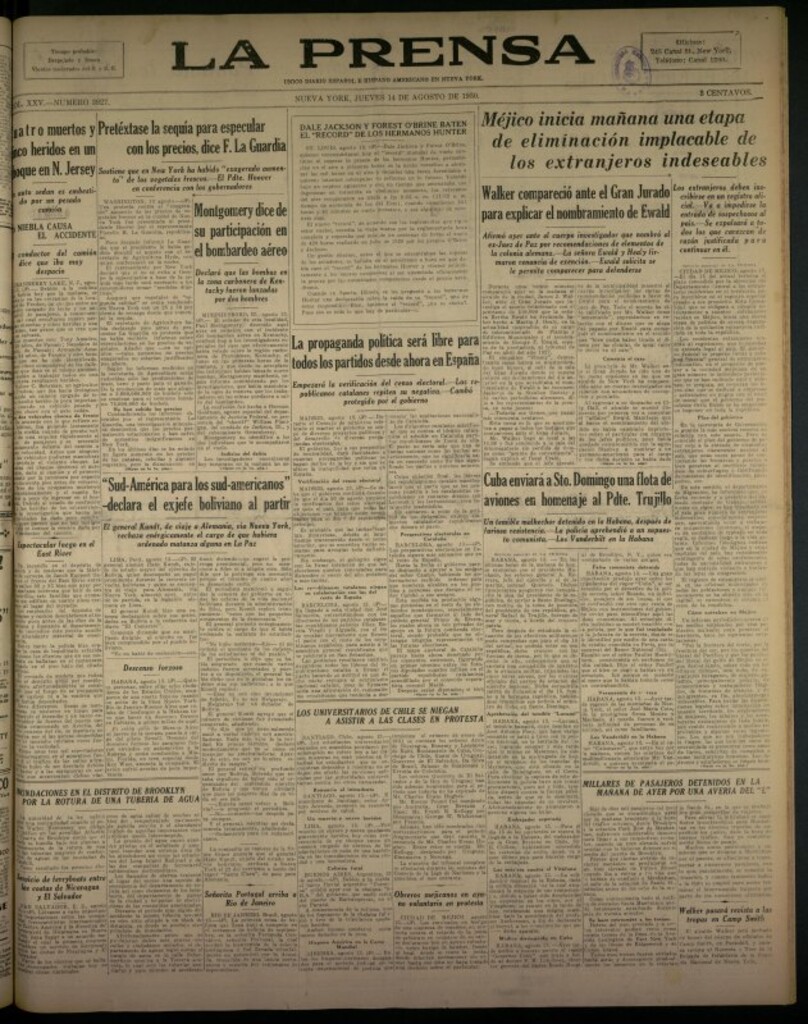 Miniatura de La Prensa: único diario español e hispano americano en Nueva York del 14 de agosto de 1930, nº 3927