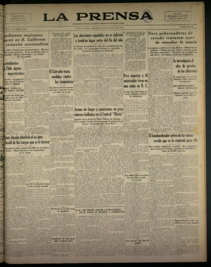 Miniatura de La Prensa: único diario español e hispano americano en Nueva York del 15 de agosto de 1930, nº 3928