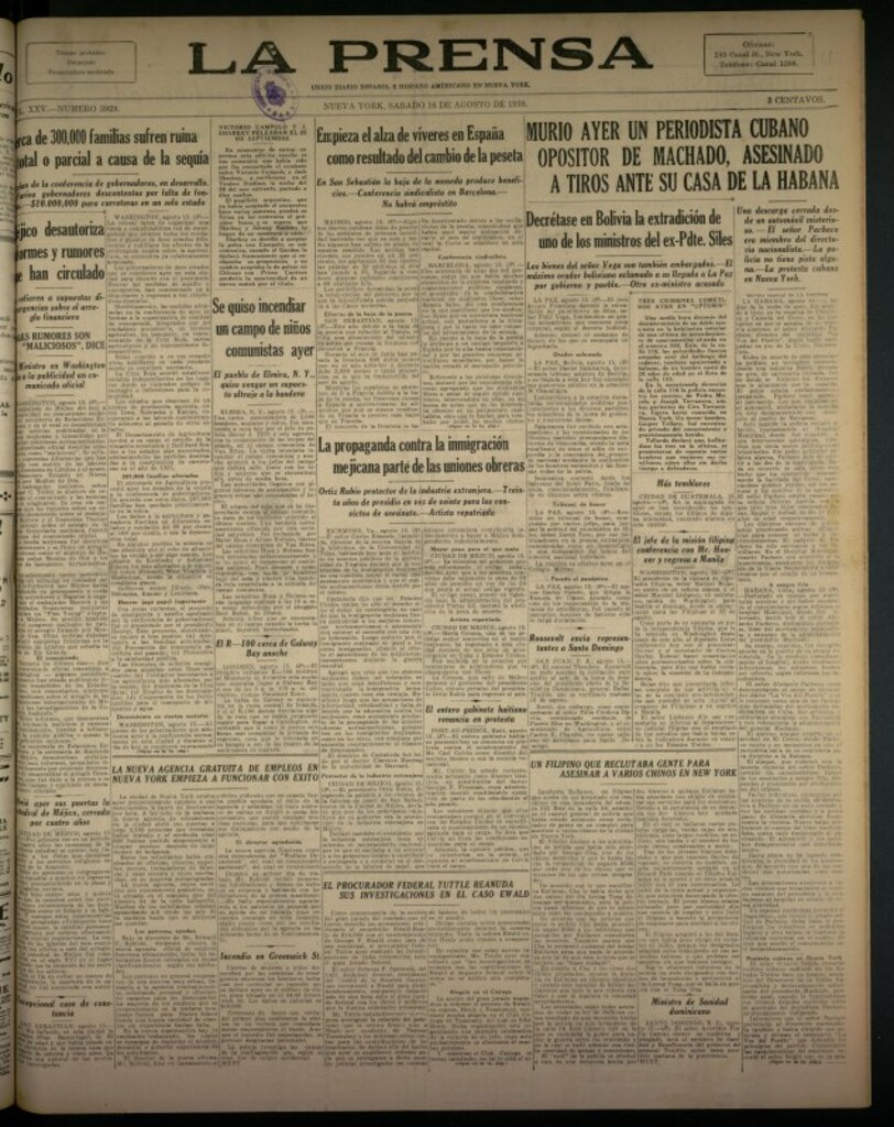 Miniatura de La Prensa: único diario español e hispano americano en Nueva York del 16 de agosto de 1930, nº 3929