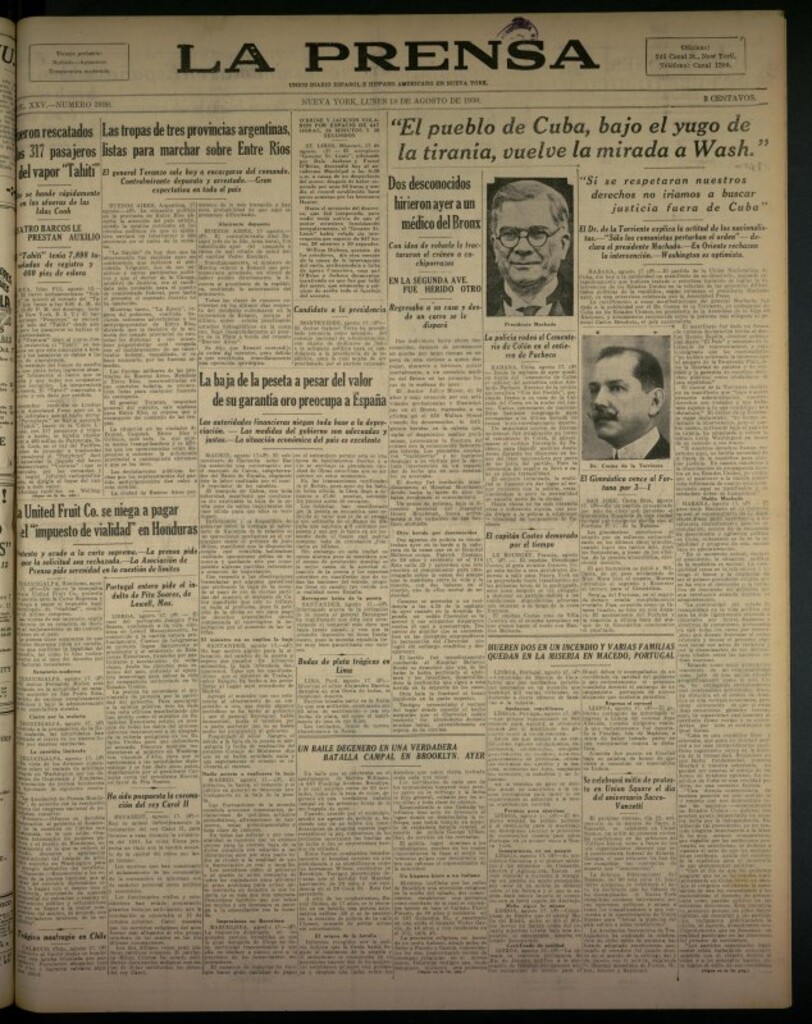 Miniatura de La Prensa: único diario español e hispano americano en Nueva York del 18 de agosto de 1930, nº 3930
