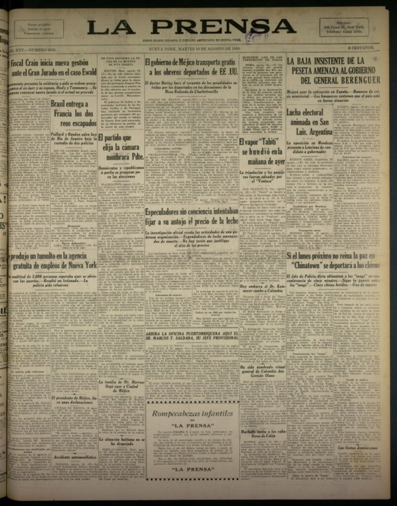 Miniatura de La Prensa: único diario español e hispano americano en Nueva York del 19 de agosto de 1930, nº 3931