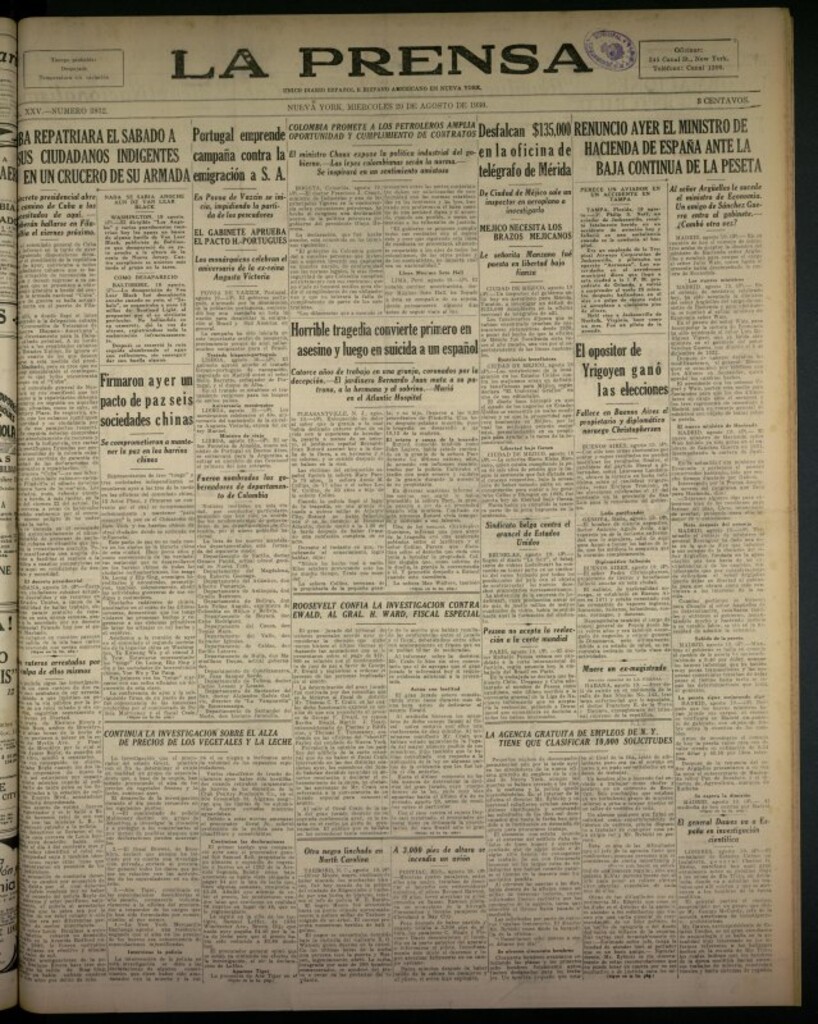 Miniatura de La Prensa: único diario español e hispano americano en Nueva York del 20 de agosto de 1930, nº 3932