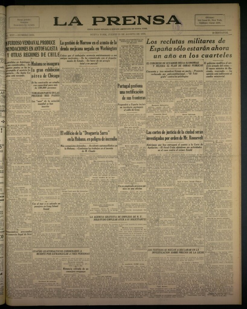 Miniatura de La Prensa: único diario español e hispano americano en Nueva York del 21 de agosto de 1930, nº 3933