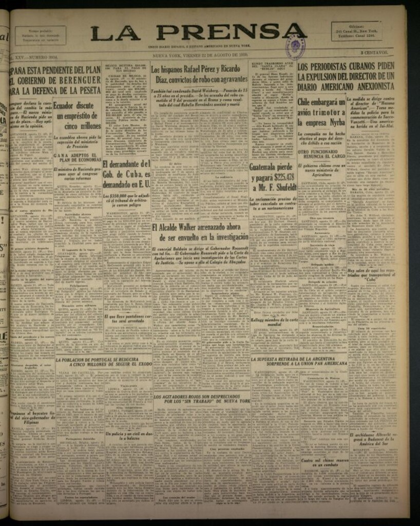 Miniatura de La Prensa: único diario español e hispano americano en Nueva York del 22 de agosto de 1930, nº 3934