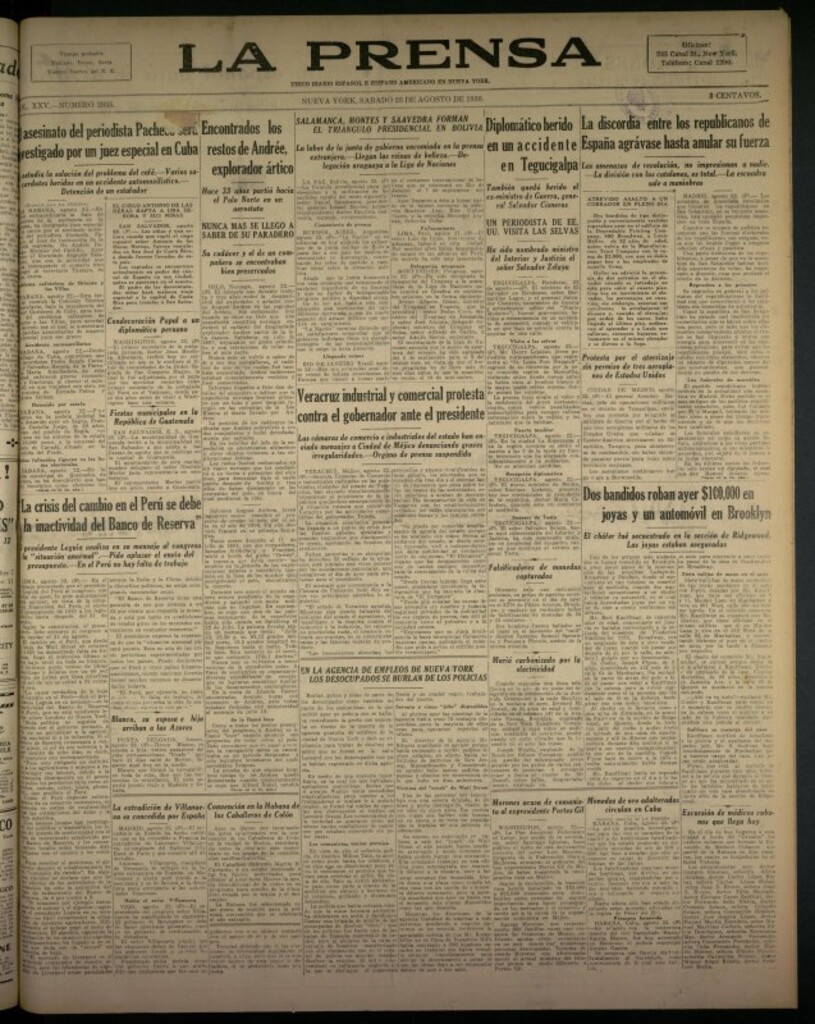 Miniatura de La Prensa: único diario español e hispano americano en Nueva York del 23 de agosto de 1930, nº 3935