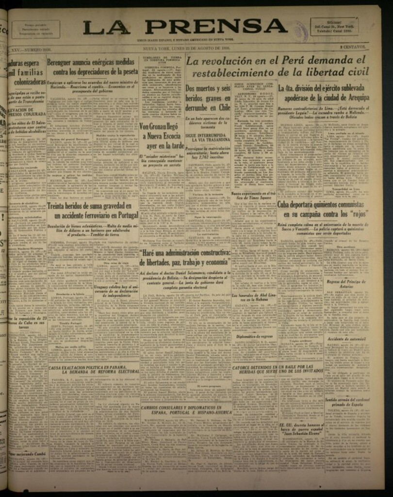Miniatura de La Prensa: único diario español e hispano americano en Nueva York del 25 de agosto de 1930, nº 3936