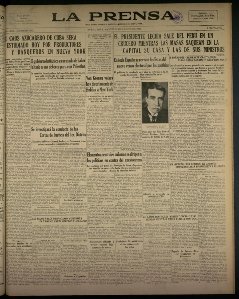Miniatura de La Prensa: único diario español e hispano americano en Nueva York del 26 de agosto de 1930, nº 3937