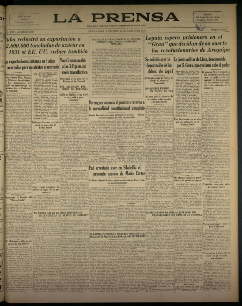 Miniatura de La Prensa: único diario español e hispano americano en Nueva York del 27 de agosto de 1930, nº 3938