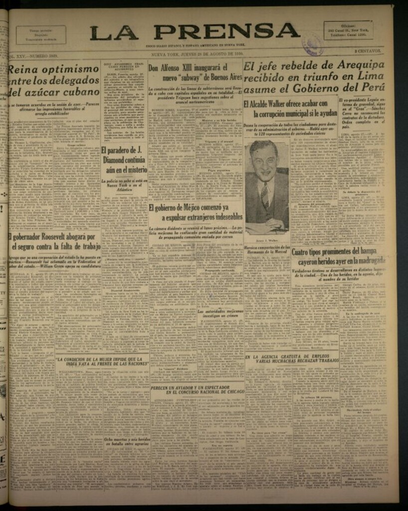 Miniatura de La Prensa: único diario español e hispano americano en Nueva York del 28 de agosto de 1930, nº 3939