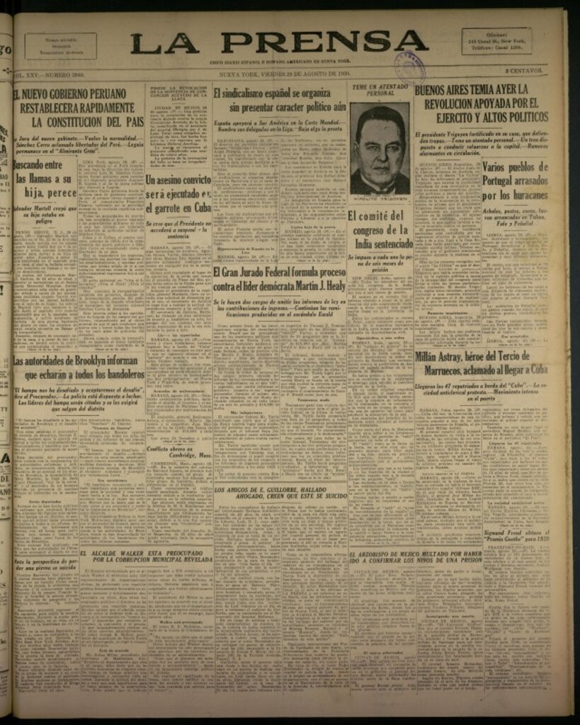 Miniatura de La Prensa: único diario español e hispano americano en Nueva York del 29 de agosto de 1930, nº 3940