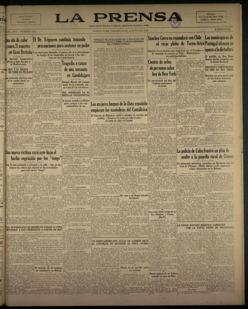 Miniatura de La Prensa: único diario español e hispano americano en Nueva York del 30 de agosto de 1930, nº 3941