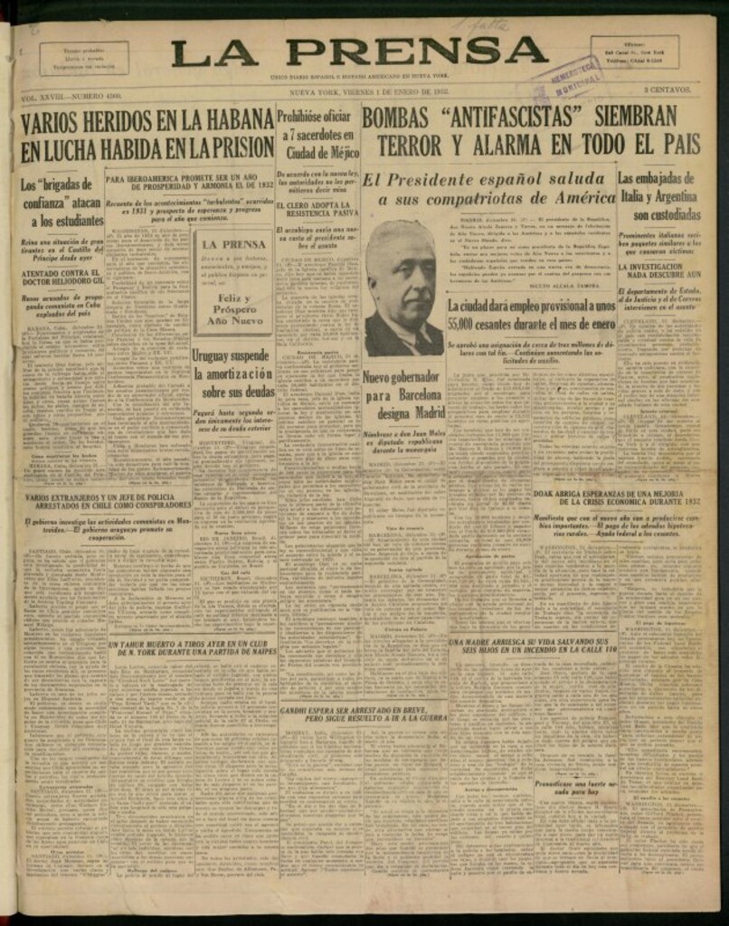 Miniatura de La Prensa: único diario español e hispano americano en Nueva York del 1 de enero de 1932, nº 4360