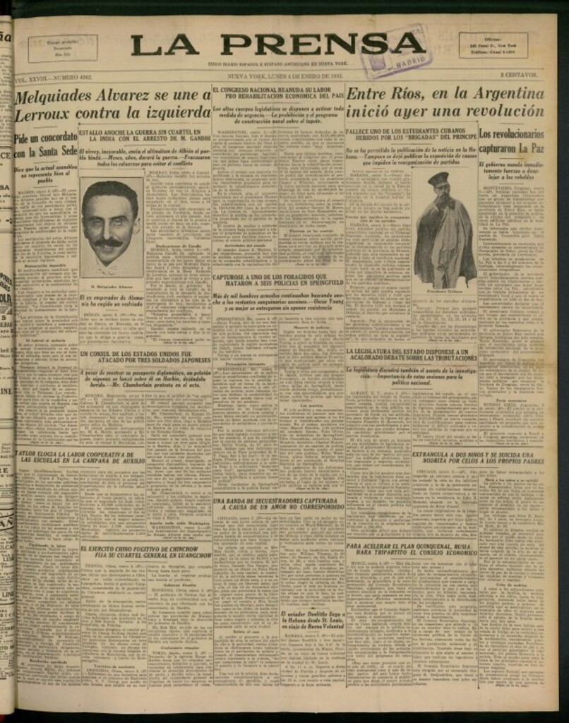 Miniatura de La Prensa: único diario español e hispano americano en Nueva York del 4 de enero de 1932, nº 4362