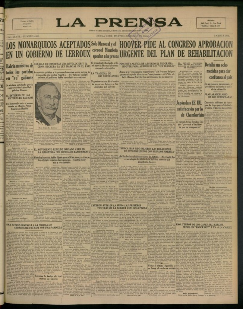Miniatura de La Prensa: único diario español e hispano americano en Nueva York del 5 de enero de 1932, nº 4363
