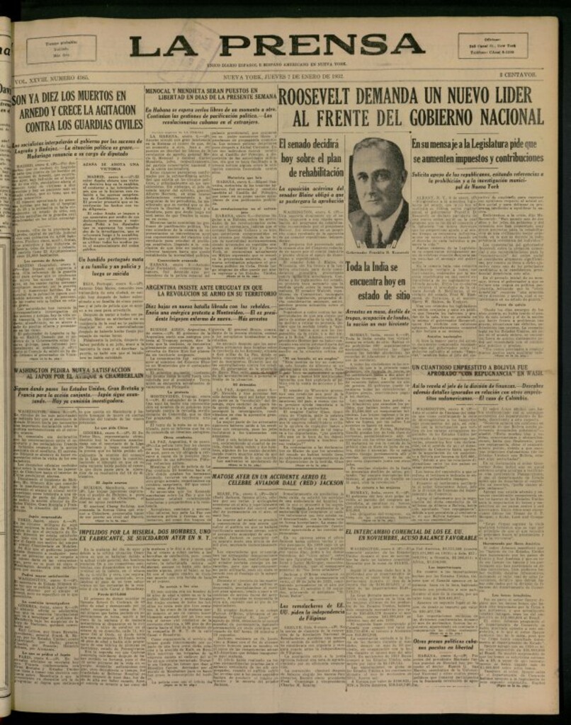 Miniatura de La Prensa: único diario español e hispano americano en Nueva York del 7 de enero de 1932, nº 4365
