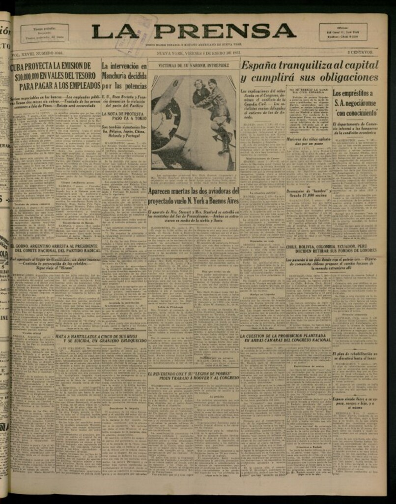 Miniatura de La Prensa: único diario español e hispano americano en Nueva York del 8 de enero de 1932, nº 4366