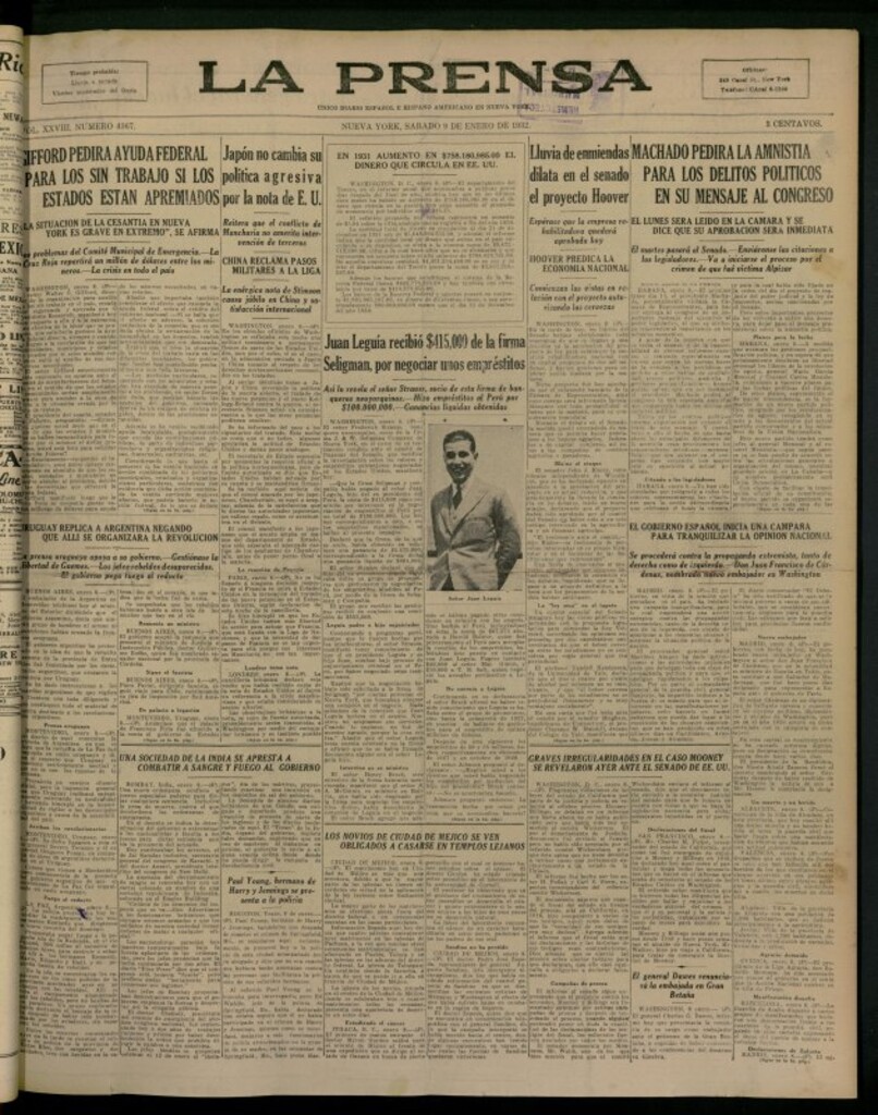 Miniatura de La Prensa: único diario español e hispano americano en Nueva York del 9 de enero de 1932, nº 4367