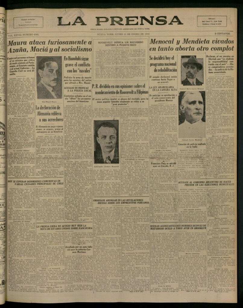 Miniatura de La Prensa: único diario español e hispano americano en Nueva York del 11 de enero de 1932, nº 4368