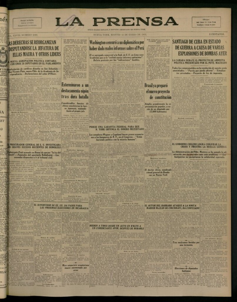 Miniatura de La Prensa: único diario español e hispano americano en Nueva York del 12 de enero de 1932, nº 4369