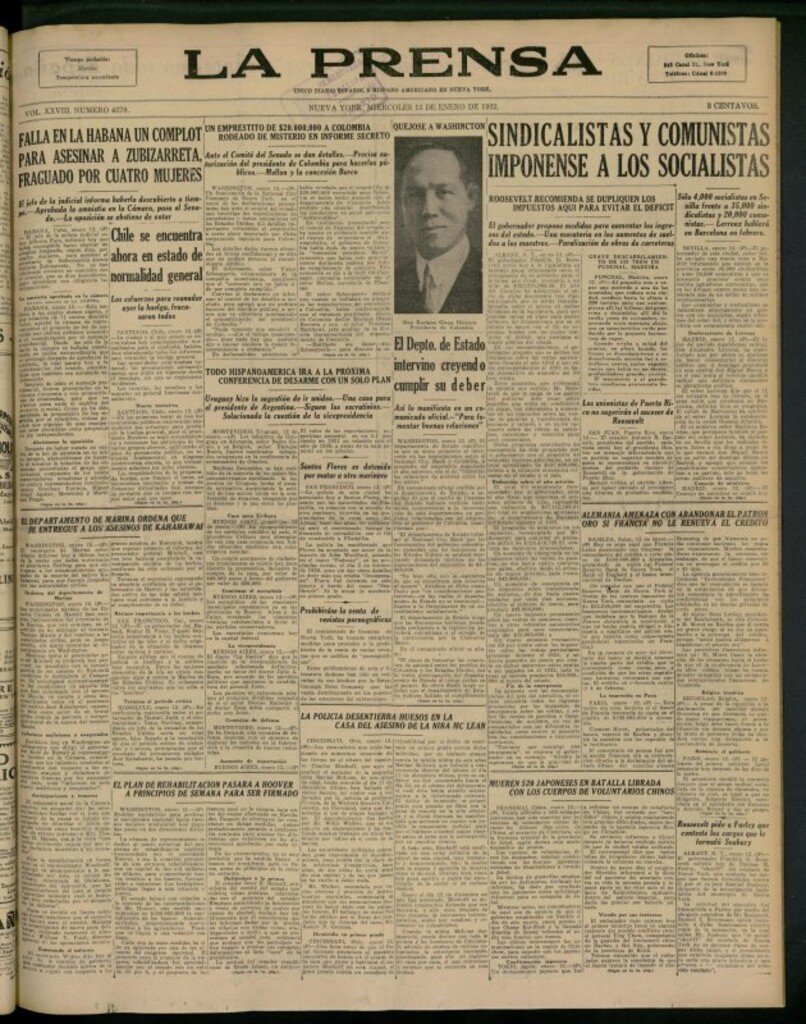 Miniatura de La Prensa: único diario español e hispano americano en Nueva York del 13 de enero de 1932, nº 4370