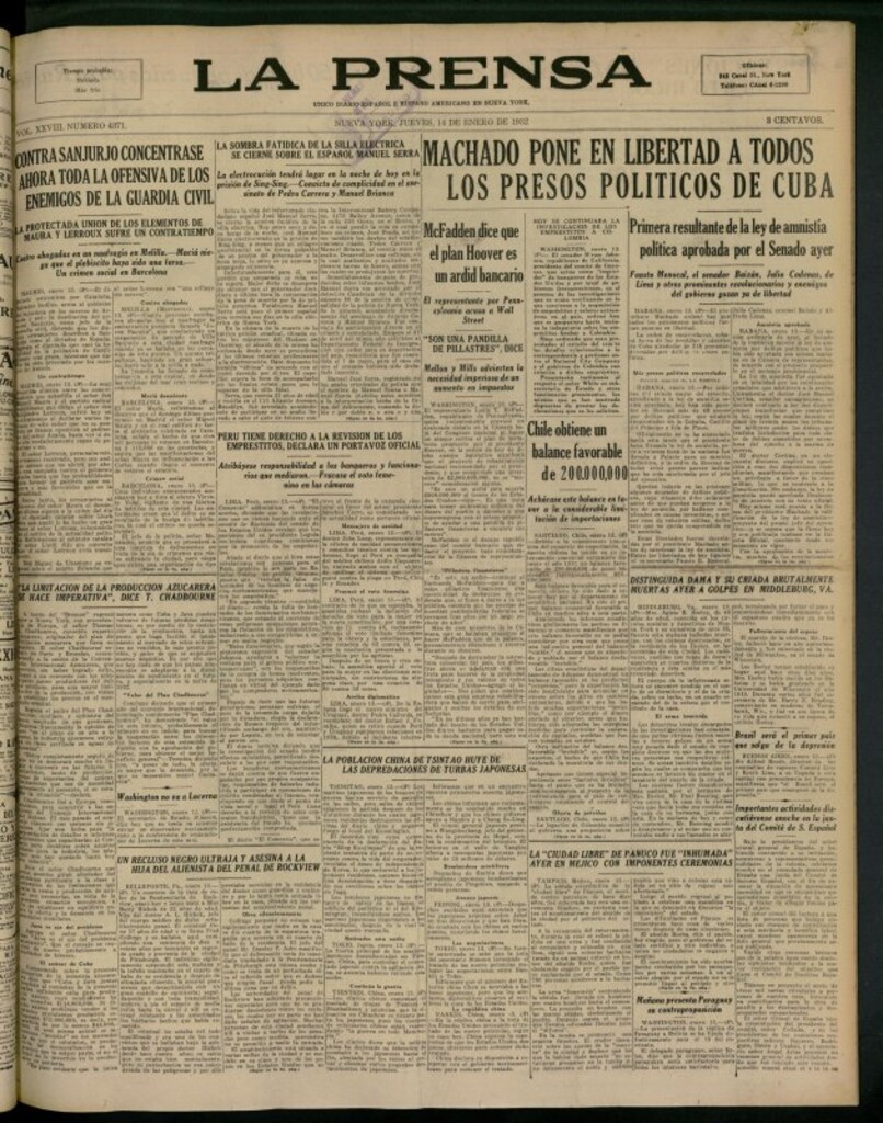 Miniatura de La Prensa: único diario español e hispano americano en Nueva York del 14 de enero de 1932, nº 4371