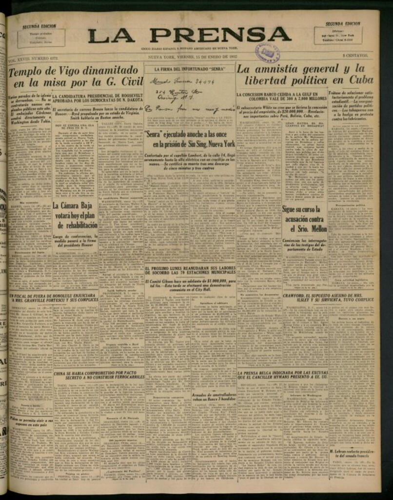 Miniatura de La Prensa: único diario español e hispano americano en Nueva York del 15 de enero de 1932, nº 4372