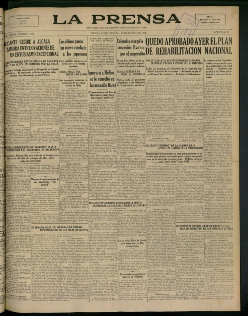 Miniatura de La Prensa: único diario español e hispano americano en Nueva York del 16 de enero de 1932, nº 4373