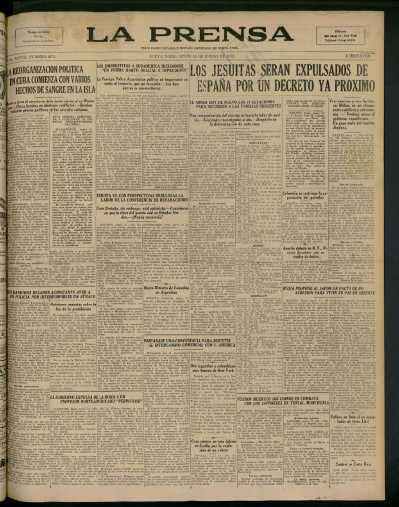 Miniatura de La Prensa: único diario español e hispano americano en Nueva York del 18 de enero de 1932, nº 4374