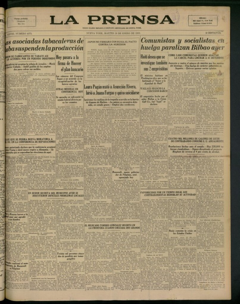 Miniatura de La Prensa: único diario español e hispano americano en Nueva York del 19 de enero de 1932, nº 4375