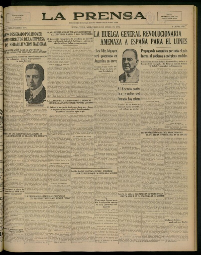 Miniatura de La Prensa: único diario español e hispano americano en Nueva York del 20 de enero de 1932, nº 4376
