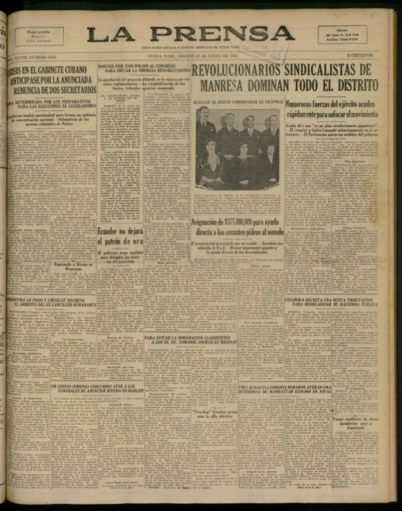 Miniatura de La Prensa: único diario español e hispano americano en Nueva York del 22 de enero de 1932, nº 4378