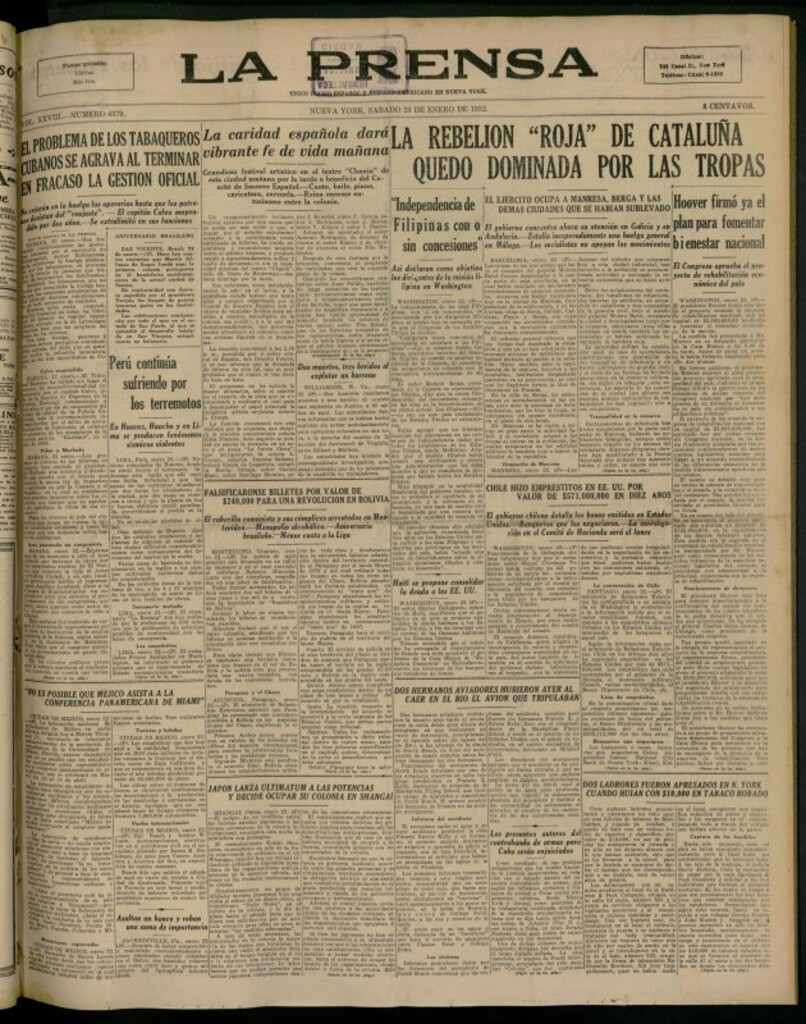 Miniatura de La Prensa: único diario español e hispano americano en Nueva York del 23 de enero de 1932, nº 4379