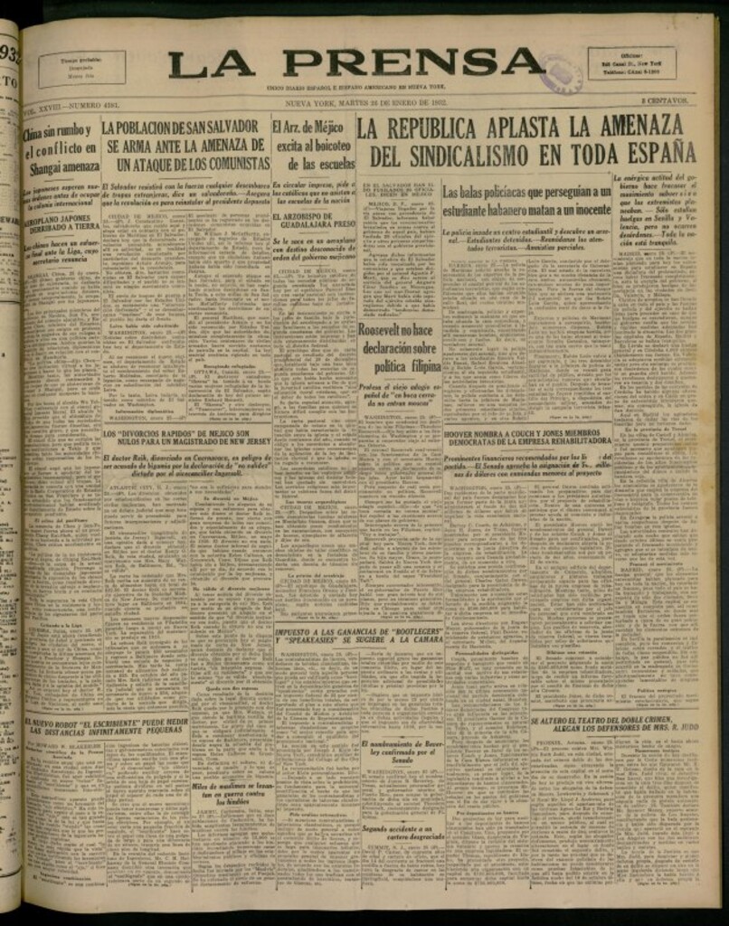 Miniatura de La Prensa: único diario español e hispano americano en Nueva York del 26 de enero de 1932, nº 4381