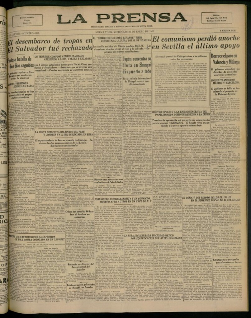 Miniatura de La Prensa: único diario español e hispano americano en Nueva York del 27 de enero de 1932, nº 4382