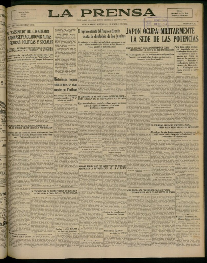 Miniatura de La Prensa: único diario español e hispano americano en Nueva York del 29 de enero de 1932, nº 4384